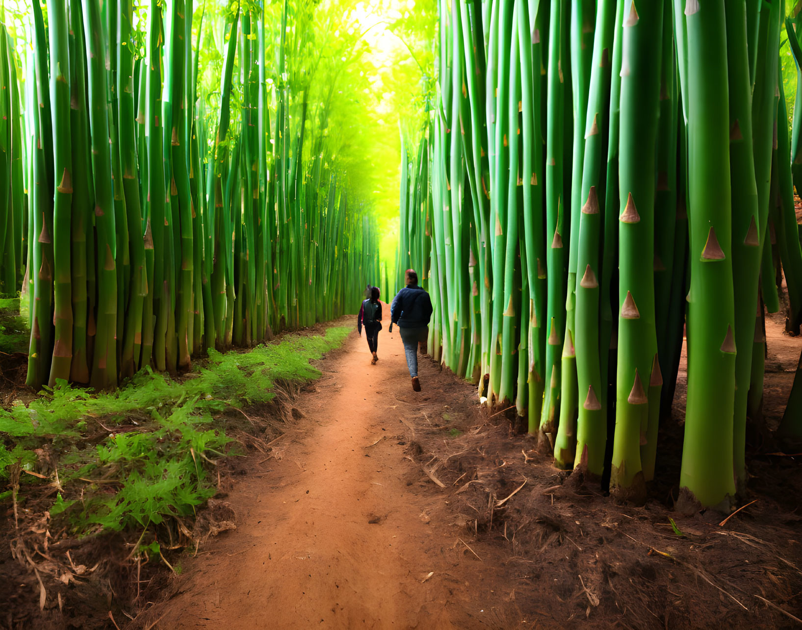 Two individuals walking among lush bamboo in a tranquil forest.