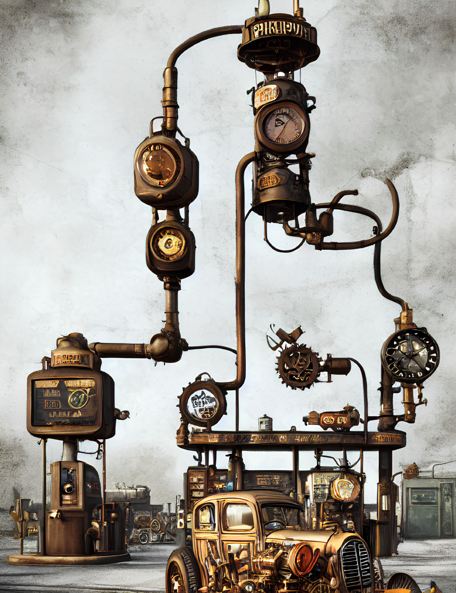 Steampunk-style Brass Pipes, Gauges, and Clockwork on Textured Background