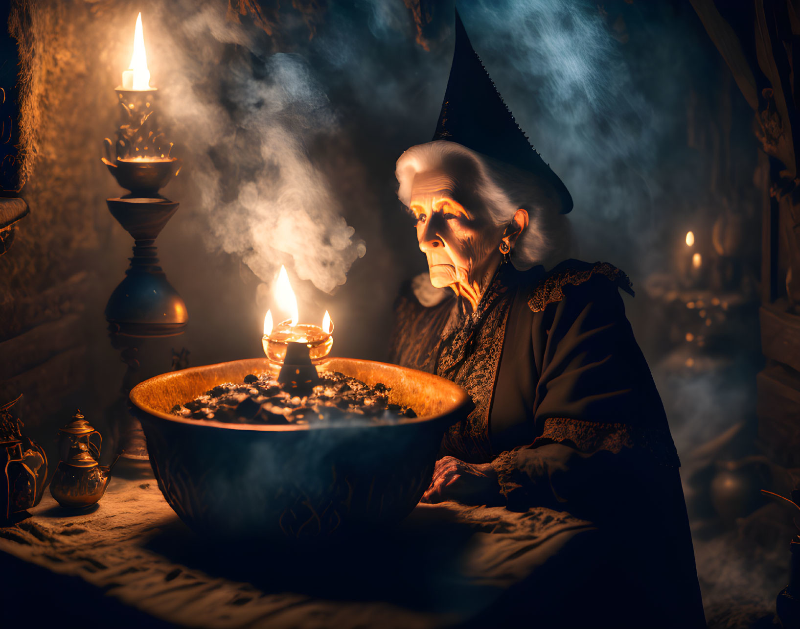 Elderly woman in witch attire by cauldron with candles in mystical setting