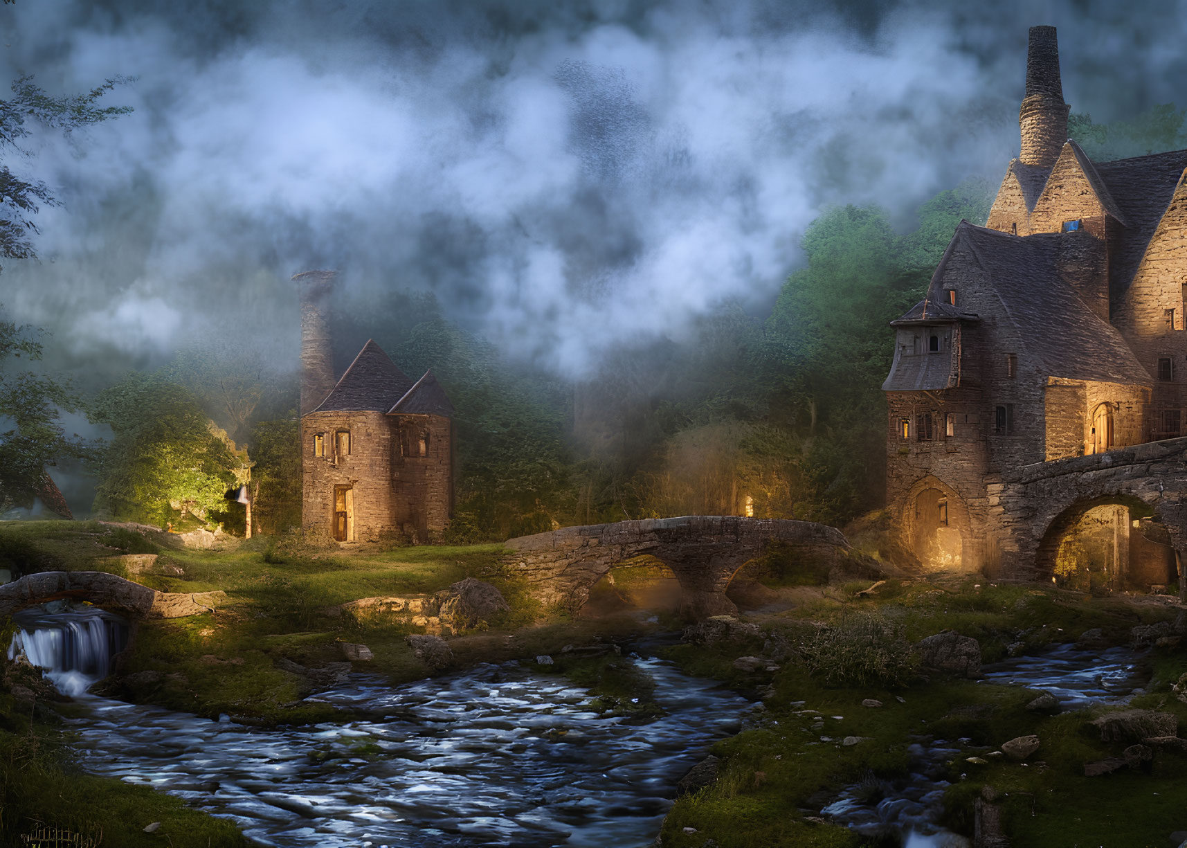 Medieval village with stone buildings, stream, old bridge, and mist at twilight