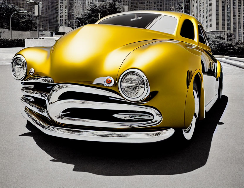 Cartoonish Yellow Car with Exaggerated Features and Cityscape Background