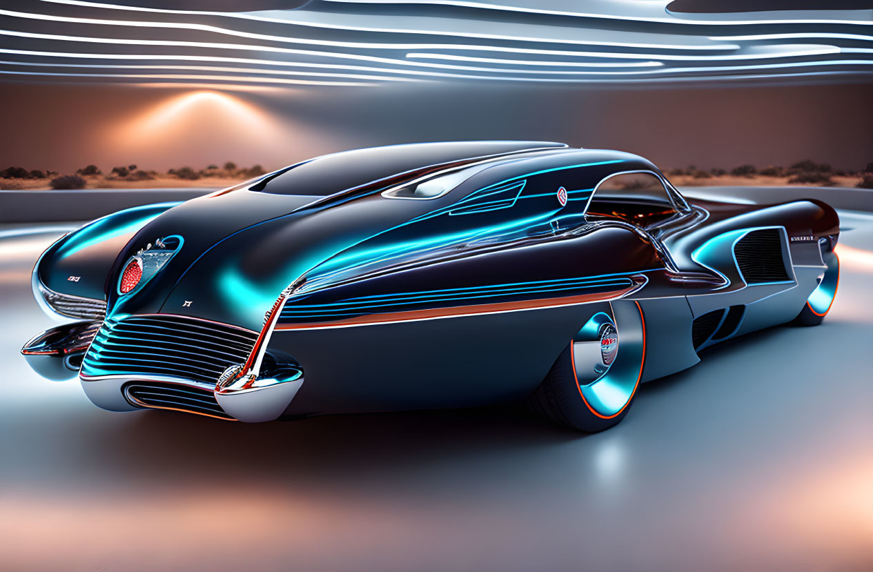 Futuristic concept car with sleek design and neon accents in ambient-lit room