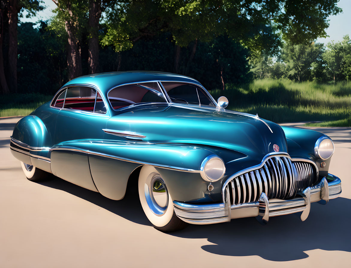 Vintage Turquoise Car with Chrome Details and Front Grille Parked Outdoors