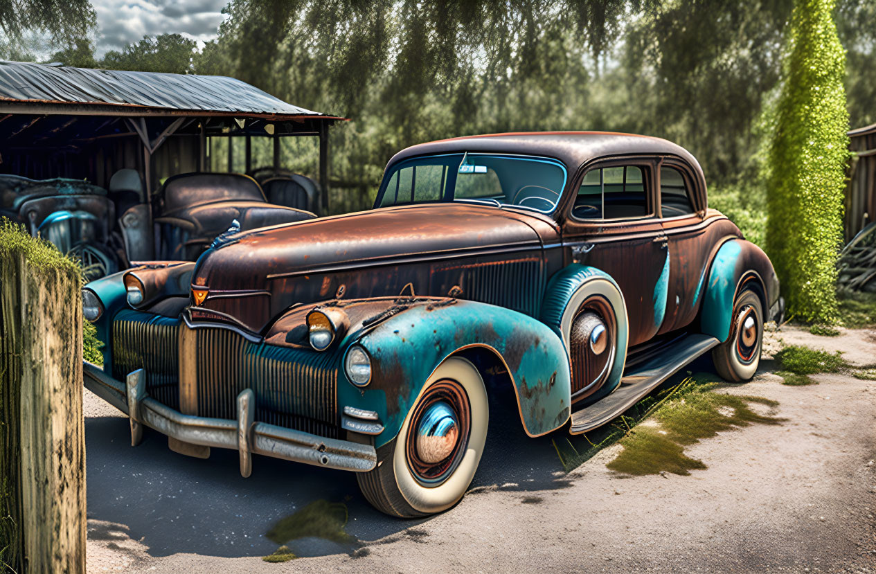 Rusted Vintage Car in Rural Setting with Trees and Shed