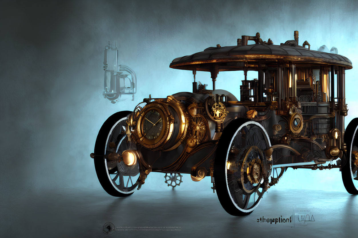 Steampunk-style digital artwork of vintage carriage on misty backdrop