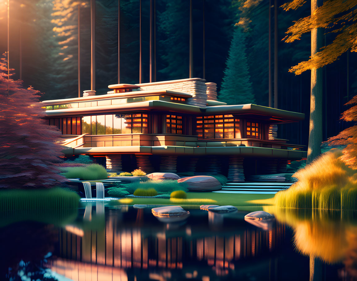 Modern multi-level house by tranquil forest pond at dusk with large windows, flat roof, warm lights,