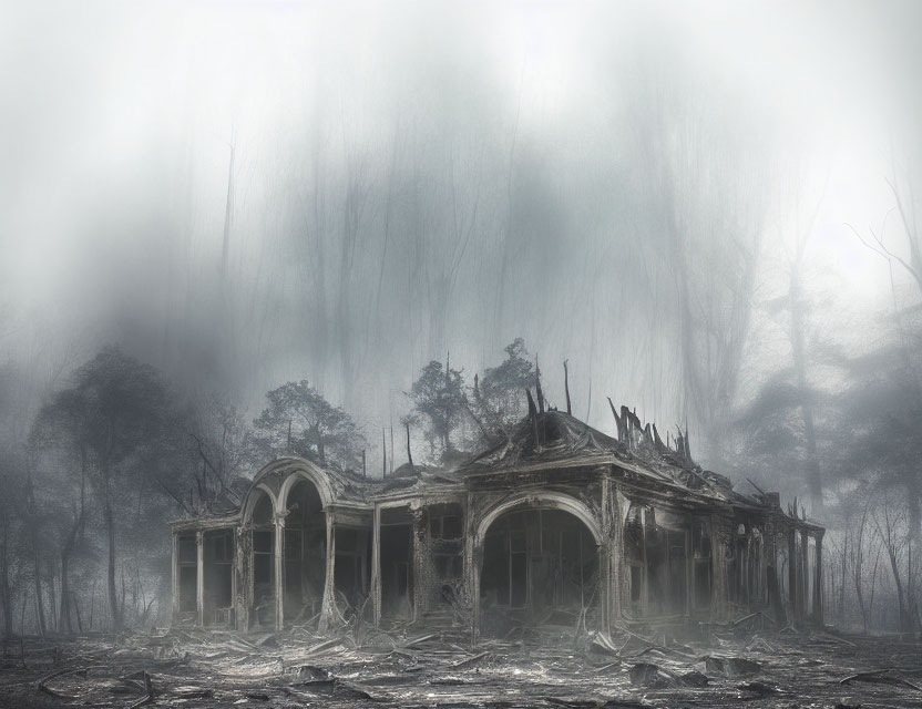 Desolate abandoned building in misty forest landscape