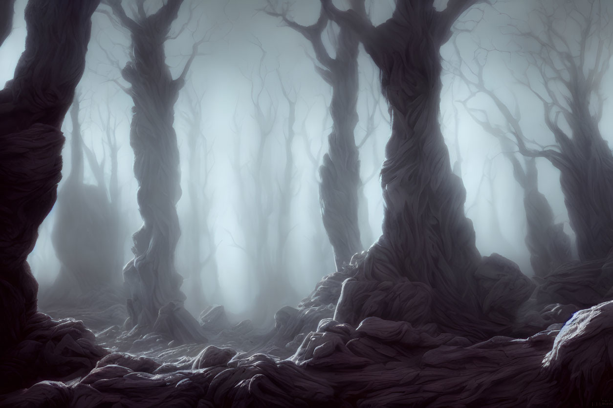 Mystical foggy forest with gnarled trees and eerie atmosphere