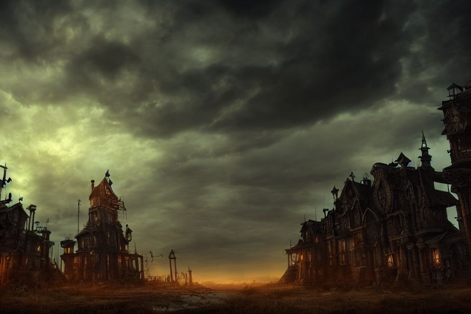 Eerie post-apocalyptic scene with dark sky and gothic houses