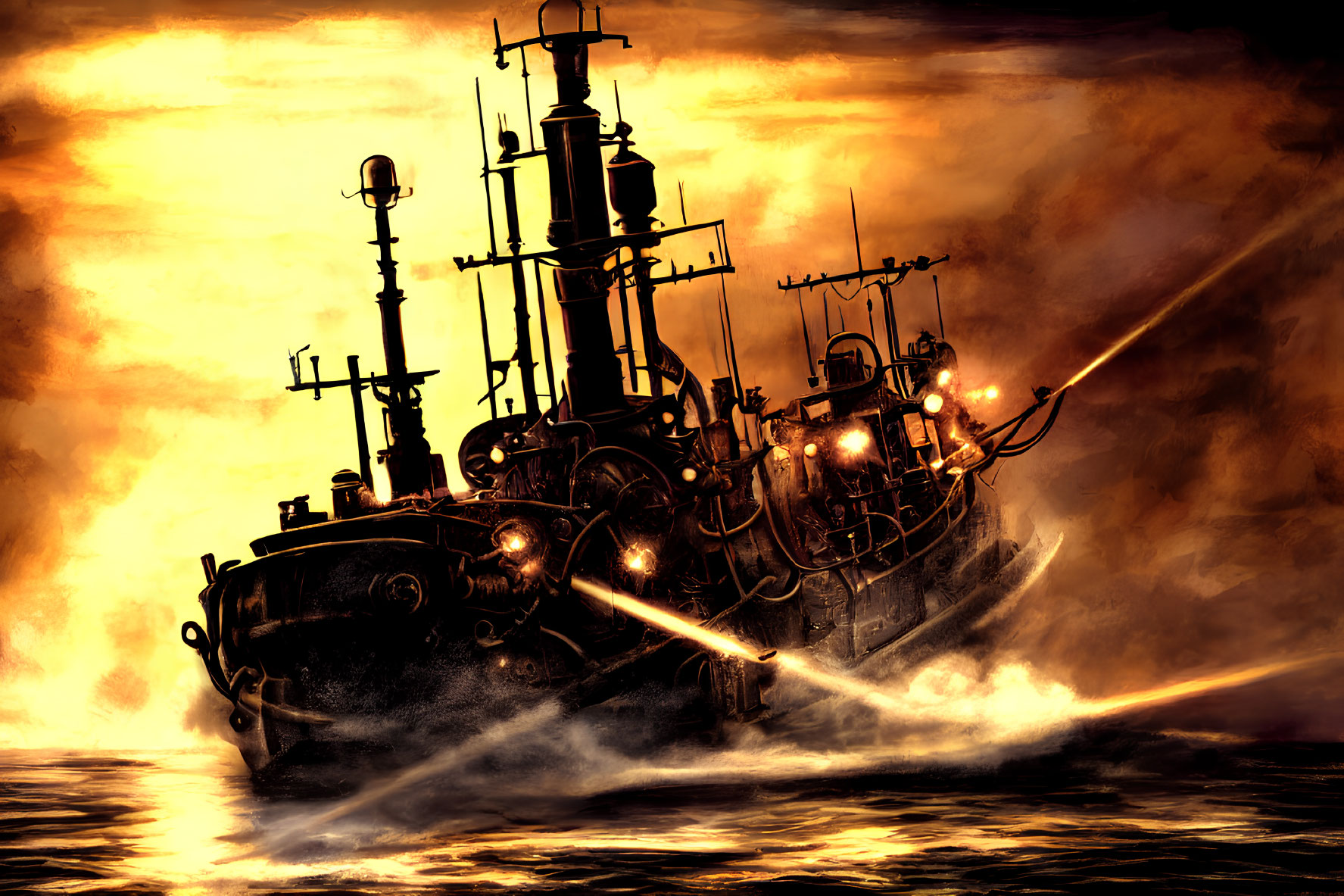 Steampunk-style ship with glowing lamps and gears sailing under amber sky