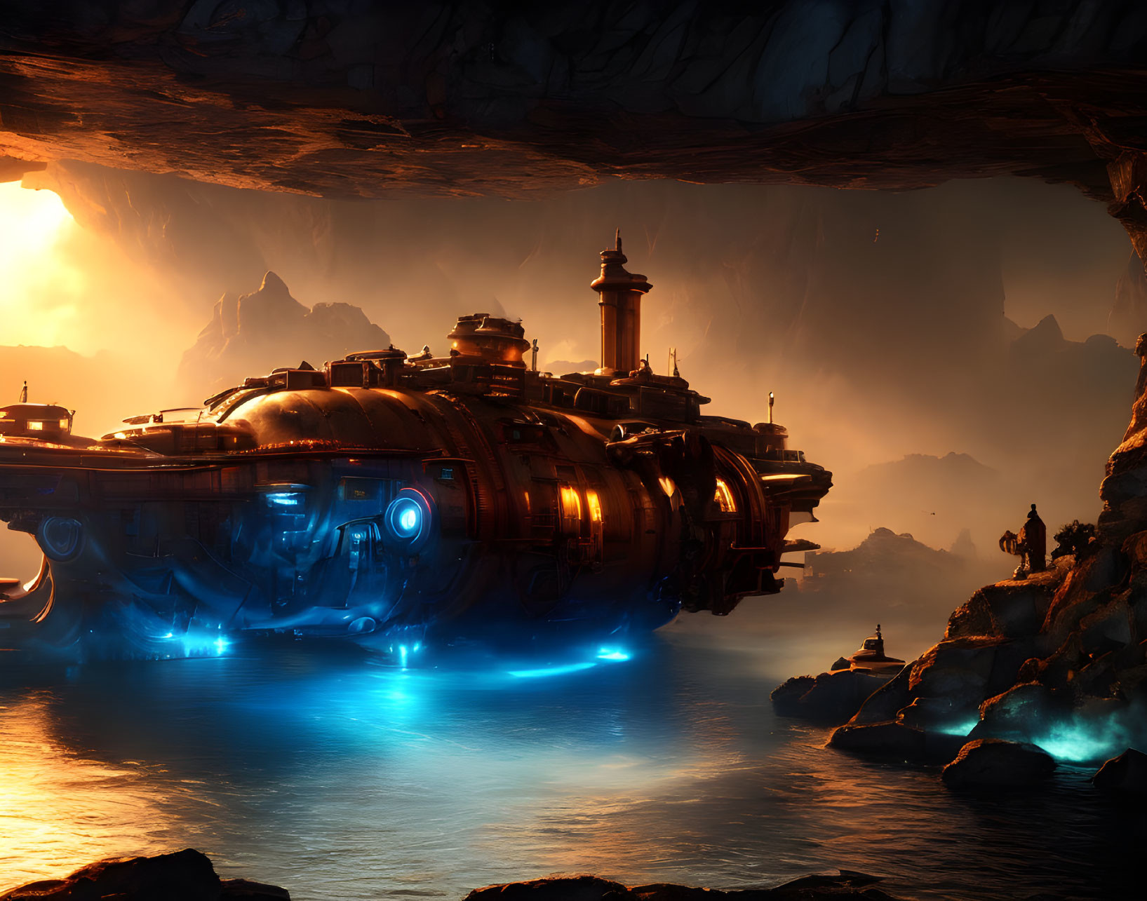 Futuristic submarine-like vessel with glowing blue engines in underwater cave