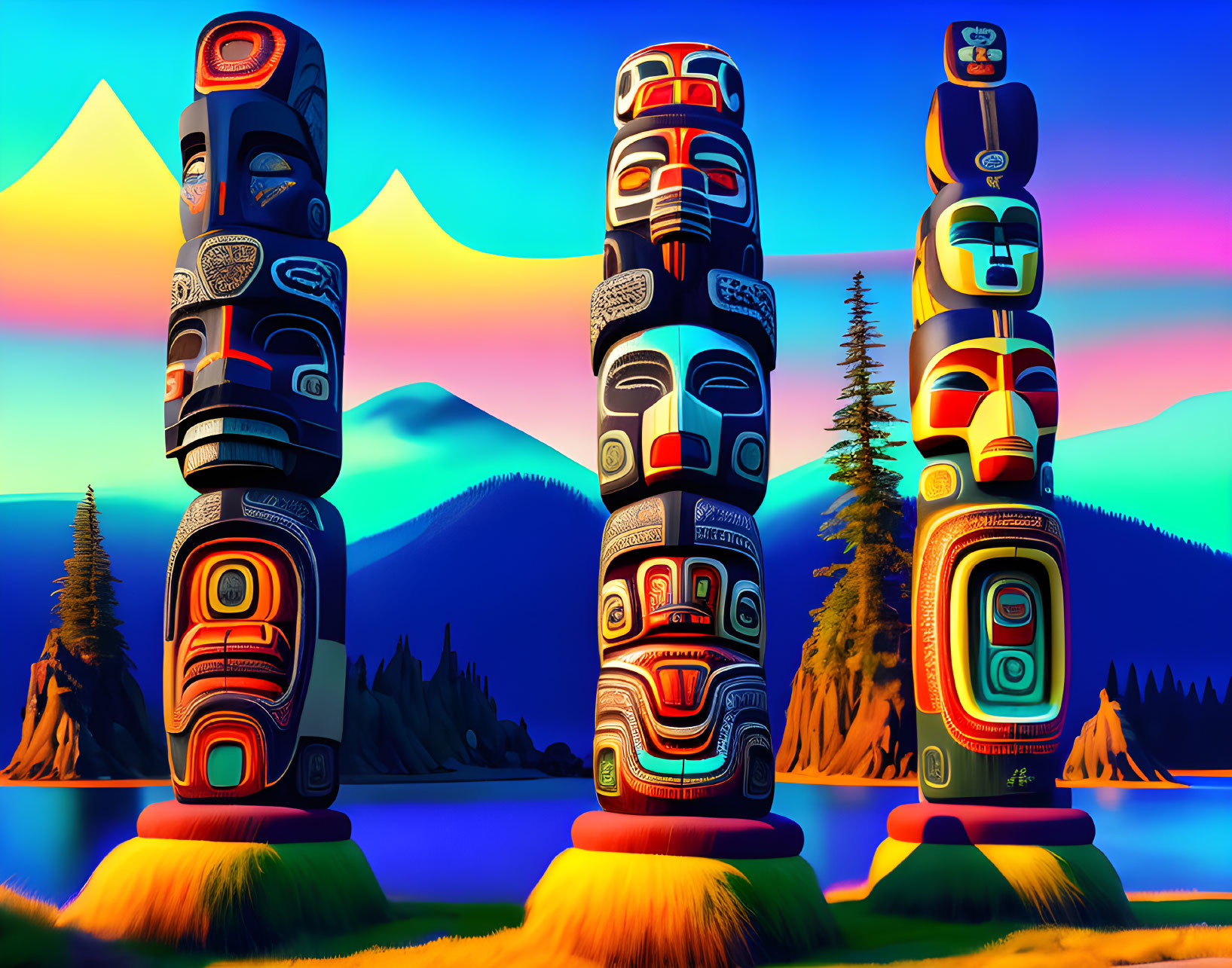 Colorful totem poles against scenic sunset with trees and mountains.