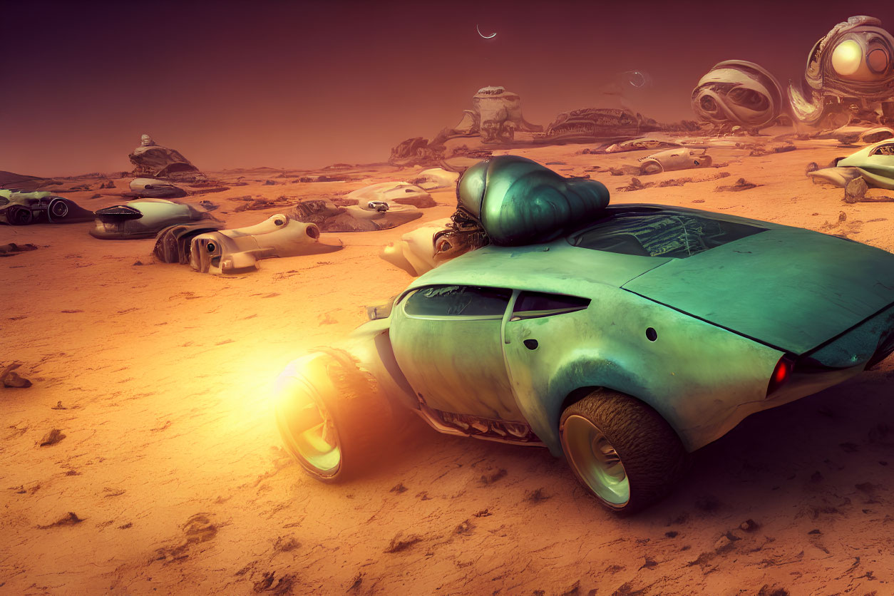 Futuristic alien vehicle and machinery on desolate Mars-like landscape