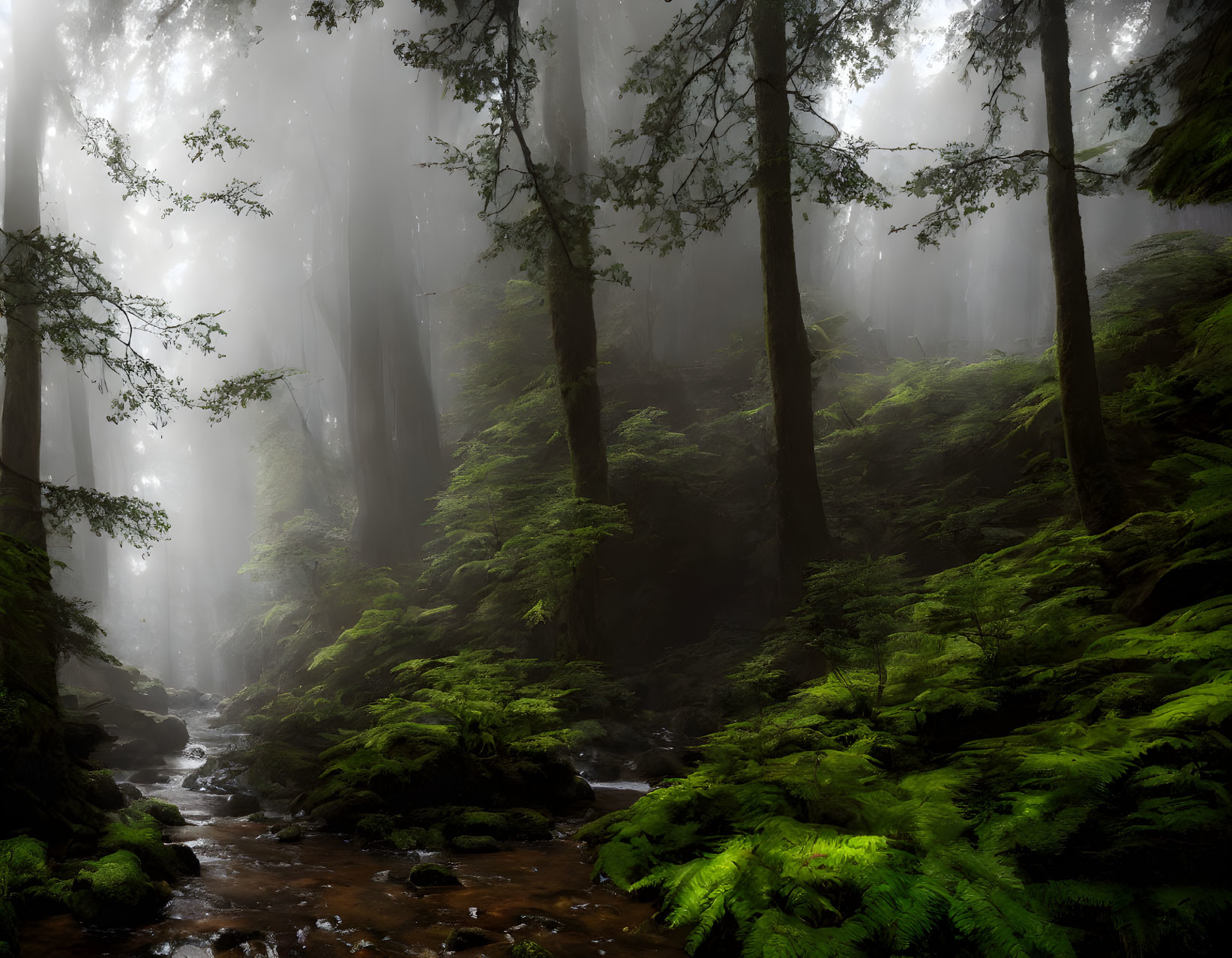 Misty forest with sunbeams, stream, and ferns