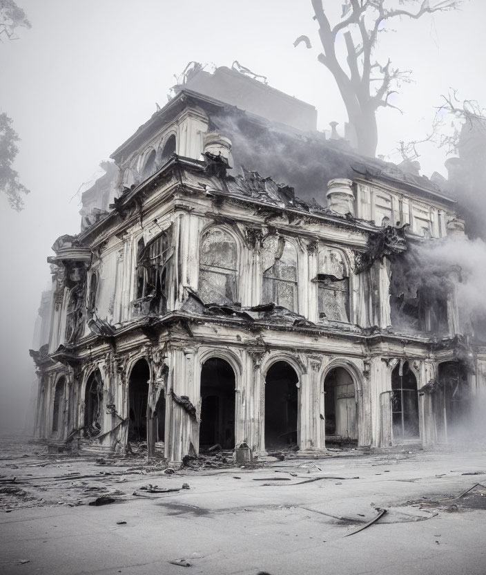 Abandoned Baroque-style building in fog with crumbling facade