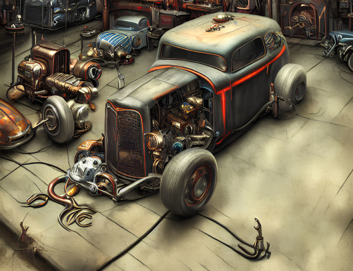 Illustrated retro-futuristic garage scene with hot rod car and engines