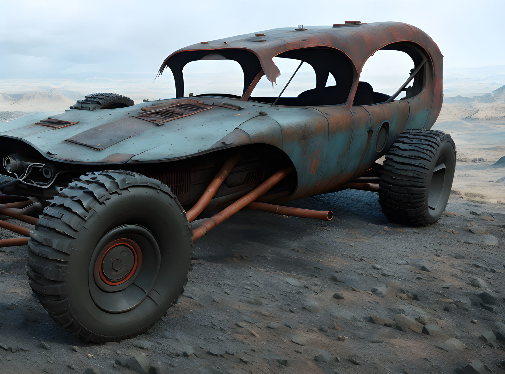 Abandoned post-apocalyptic vehicle on rocky landscape