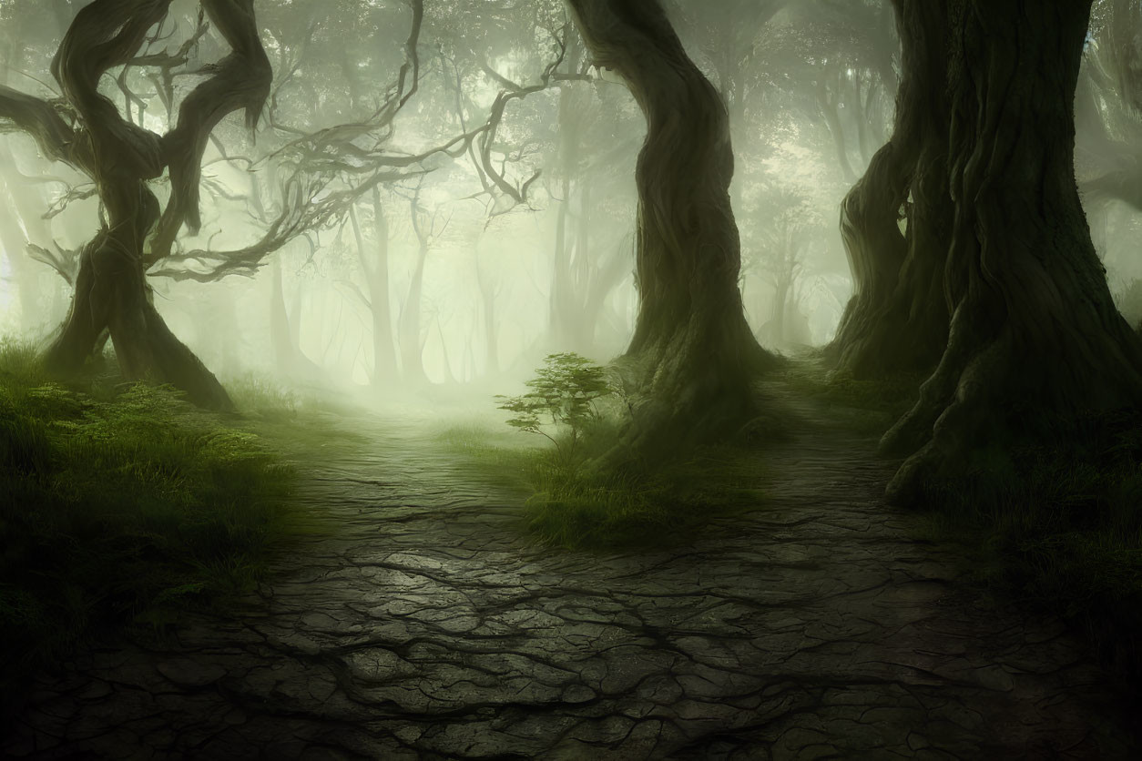 Ethereal forest with twisted trees in foggy setting