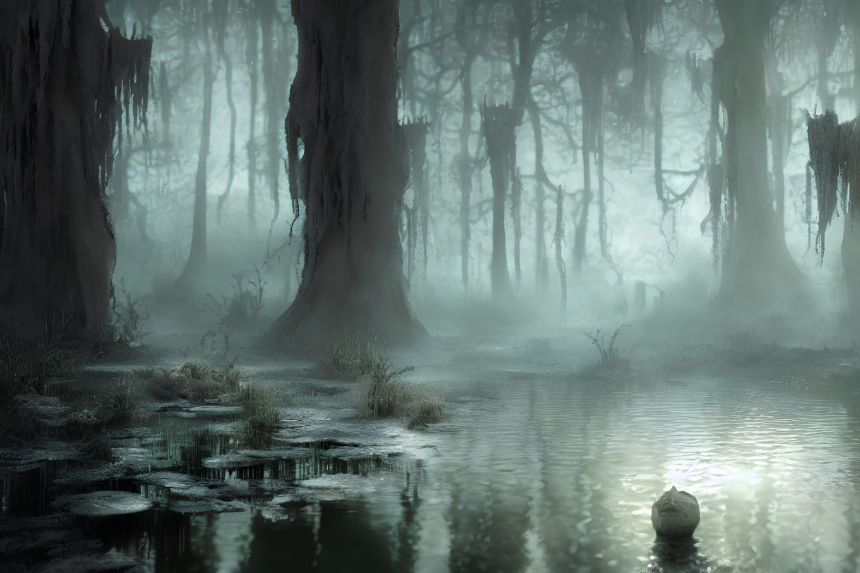 Tranquil misty swamp with moss-covered trees and a duck in serene water