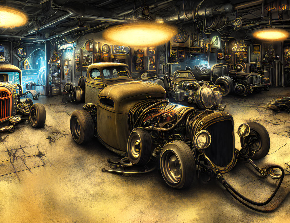 Detailed vintage garage illustration with classic hot rods and parts illuminated by warm lights