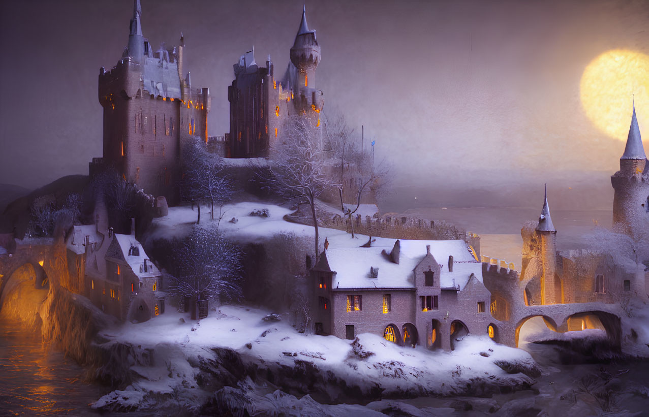 Snowy dusk scene with grand castle, towers, frozen river, and large moon