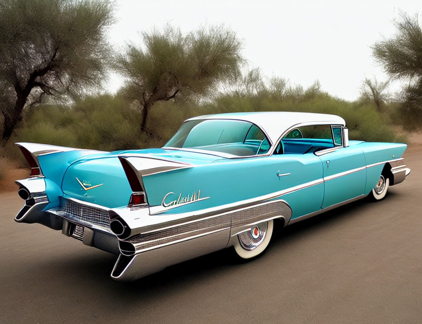 Vintage Turquoise and White Cadillac with Tail Fins on Sandy Path