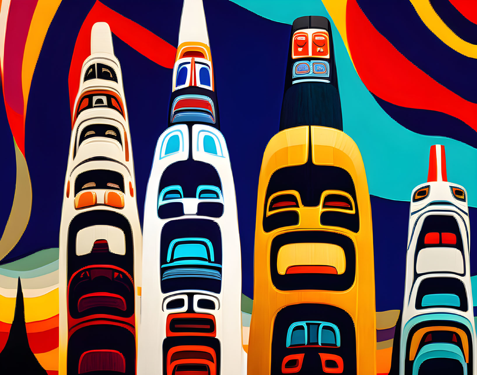 Vivid Totem Pole Illustration with Colorful Patterns