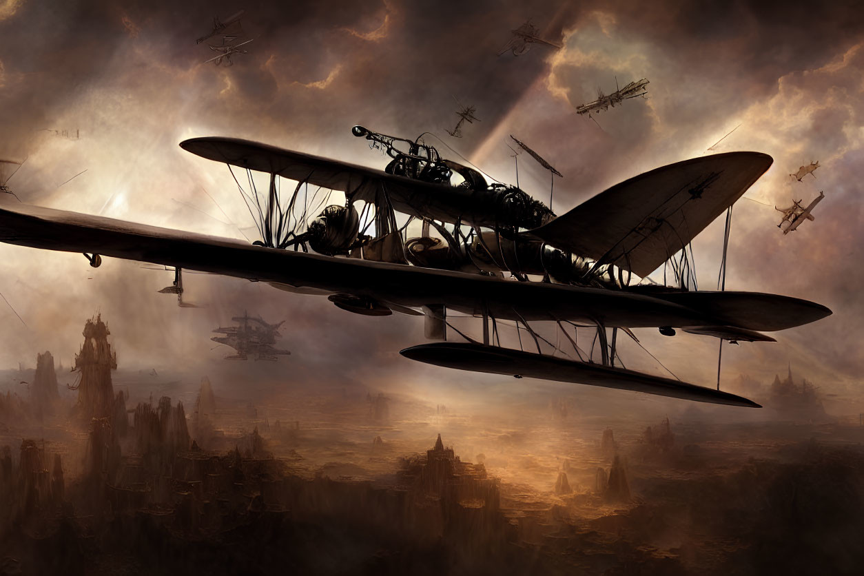 Vintage Aircrafts Flying Over Dark Steampunk Cityscape