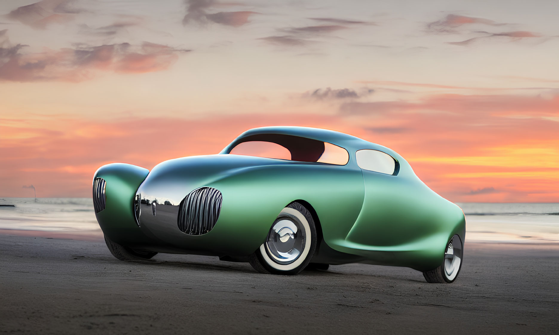 Vintage Green Car Parked on Beach at Sunset