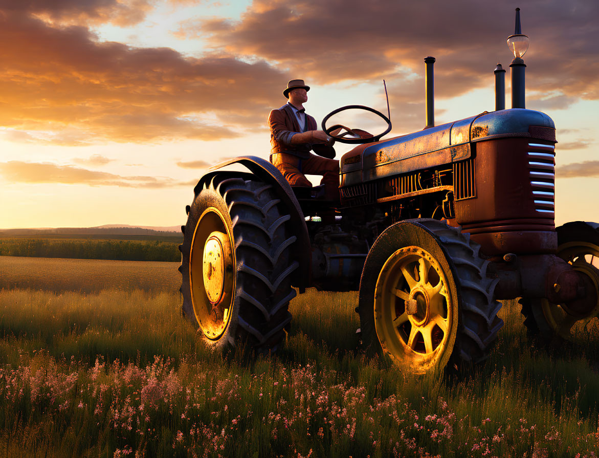 Old tractor driven by farmer in sunset field scene