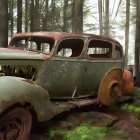 Vintage Cars Parked in Misty Forest with Sunlight Filtering Through Trees