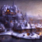 Snowy dusk scene with grand castle, towers, frozen river, and large moon