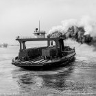 Steampunk-style ship on calm river with industrial cityscape