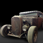 Classic Black Hot Rod with Chrome Accents and Exposed Engine on Dark Background