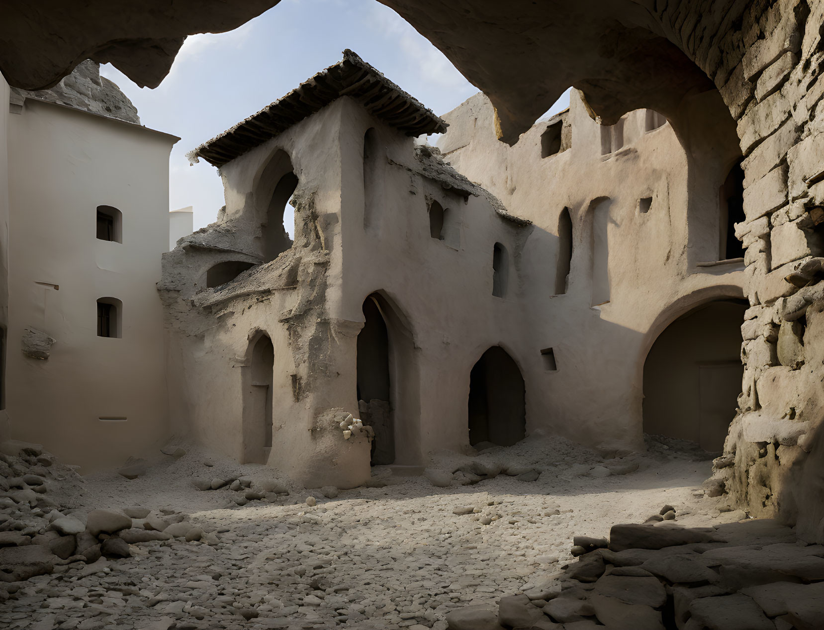 Traditional Mud-Brick Courtyard with Arched Entrances in Soft Sunlight