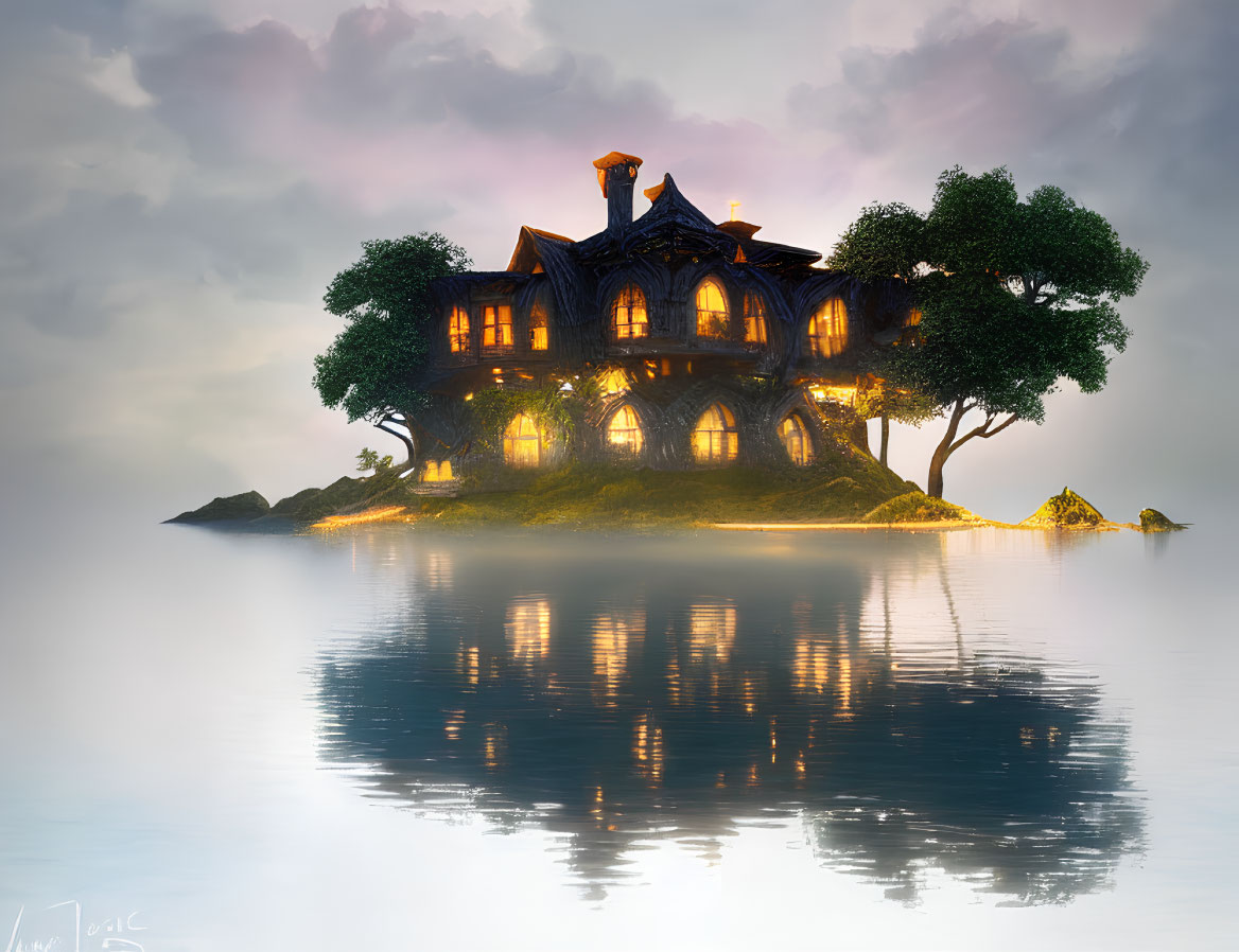 Whimsical isolated house on small island at twilight