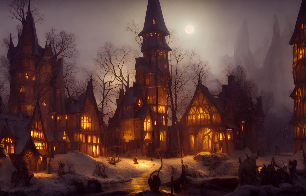 Enchanting full moon village in snowy twilight