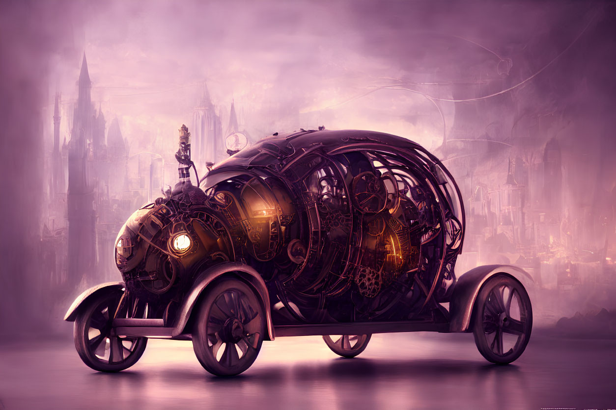 Steampunk-style ornate vehicle with intricate gears against misty gothic castle.