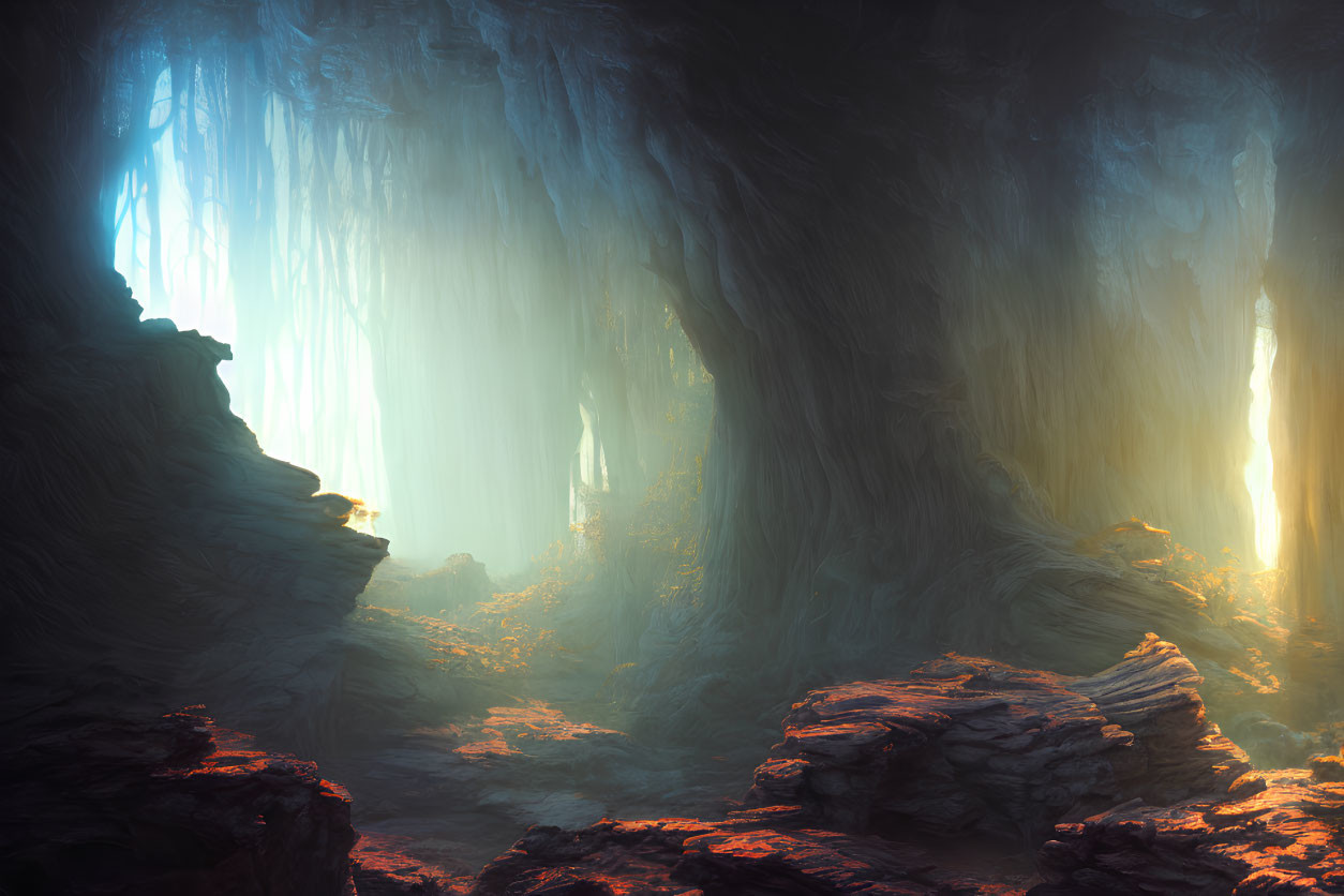 Mystical subterranean cave with towering rock formations