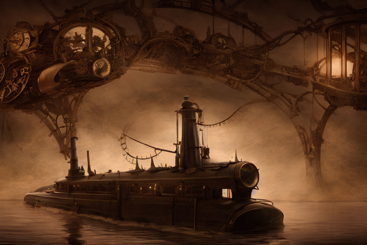 Steampunk submarine under ornate metal bridge in foggy sepia ambiance