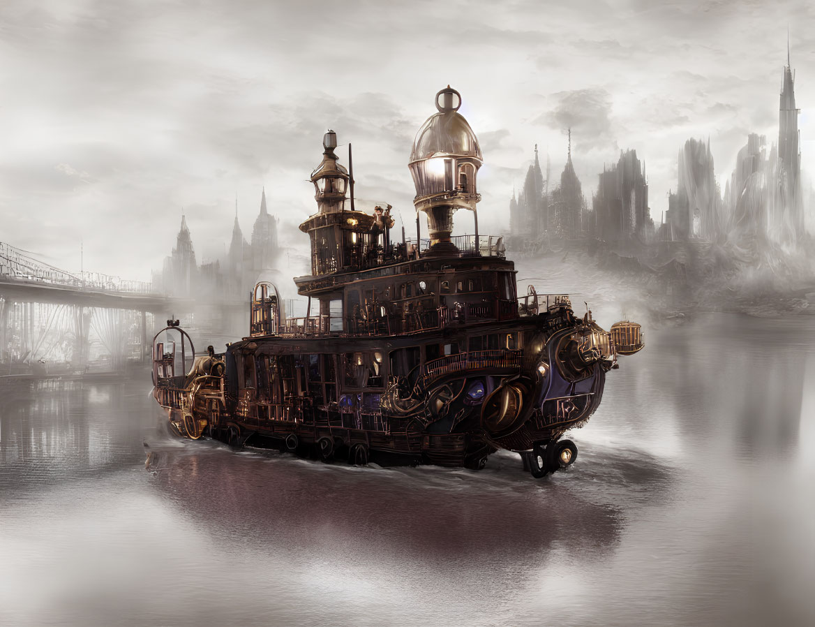 Steampunk-style ship on calm river with industrial cityscape