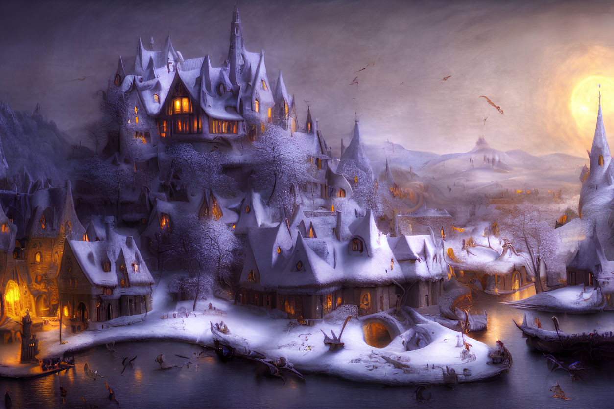 Snowy village at dusk with central castle, birds, boats on frozen river