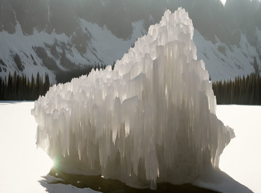 Frozen Wave Ice Formation with Sunlight, Snowy Mountains, and Trees