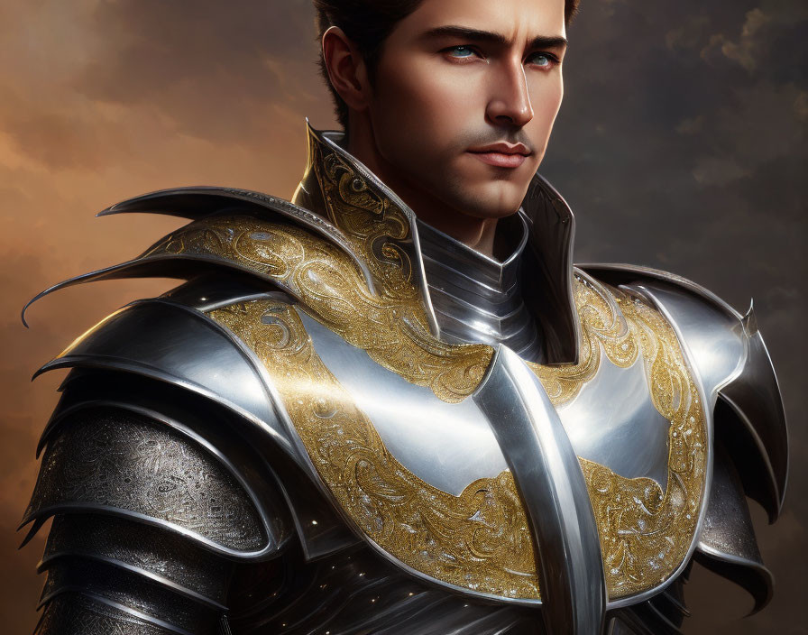 Noble warrior digital artwork with blue eyes in ornate armor against moody sky