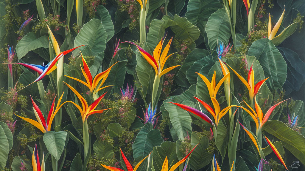 Colorful Bird of Paradise Flowers in Lush Green Foliage