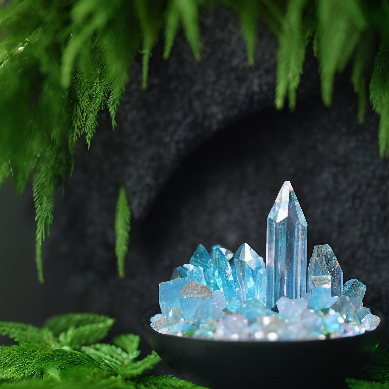 Blue crystals and green fern leaves in mystical setting