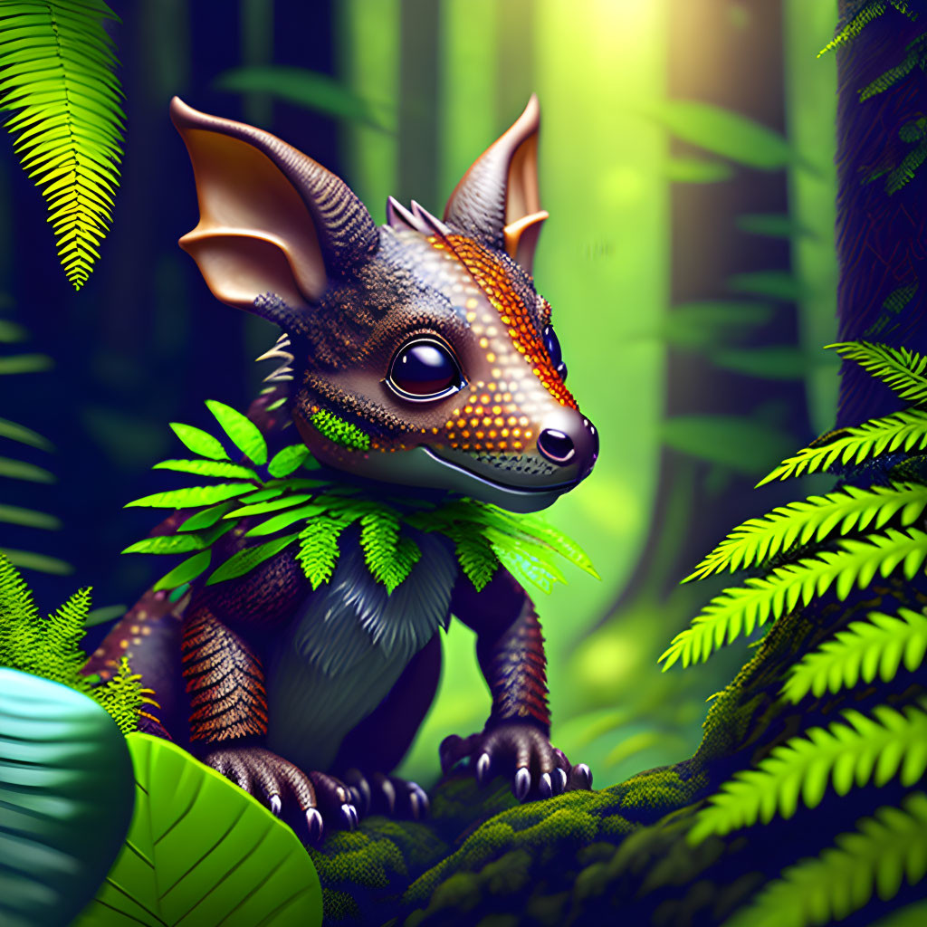 Whimsical squirrel-like creature in lush greenery