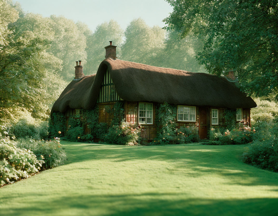 Thatched-Roof Cottage Surrounded by Greenery and Flowers