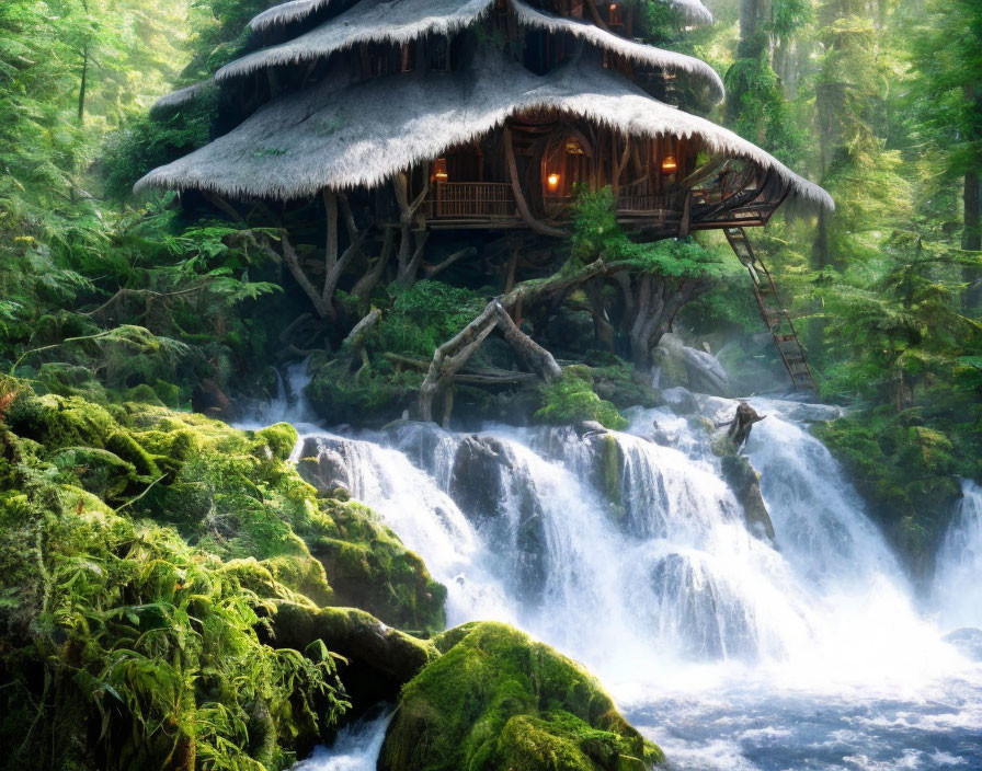 Thatched treehouse above waterfall in misty forest