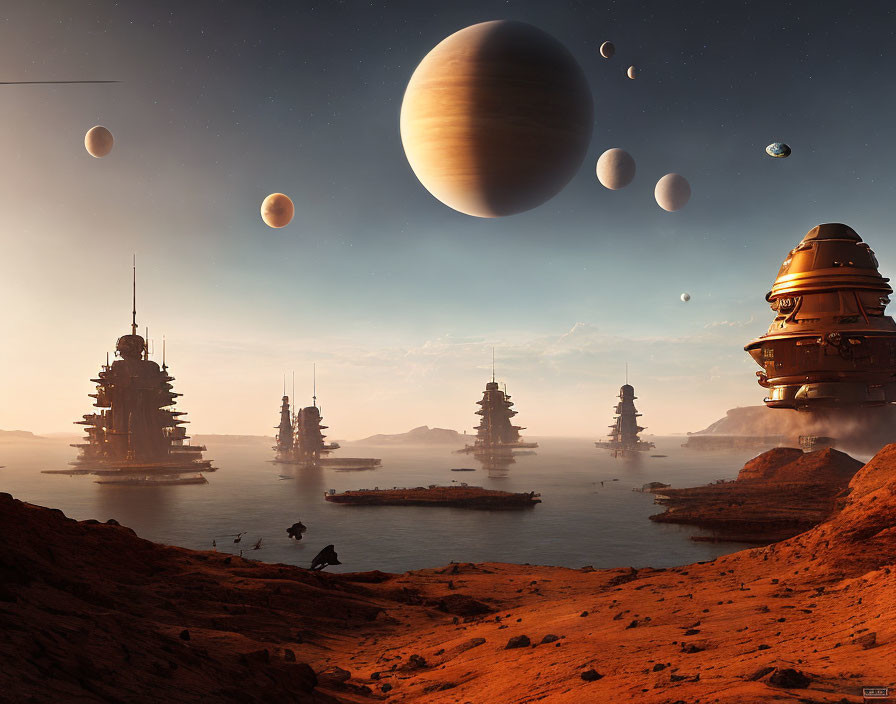 Sci-fi landscape with towers in desert terrain under fantastical sky